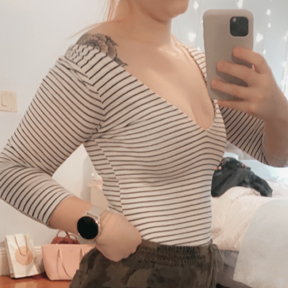 Lulu’s V-Neck Striped Bodysuit